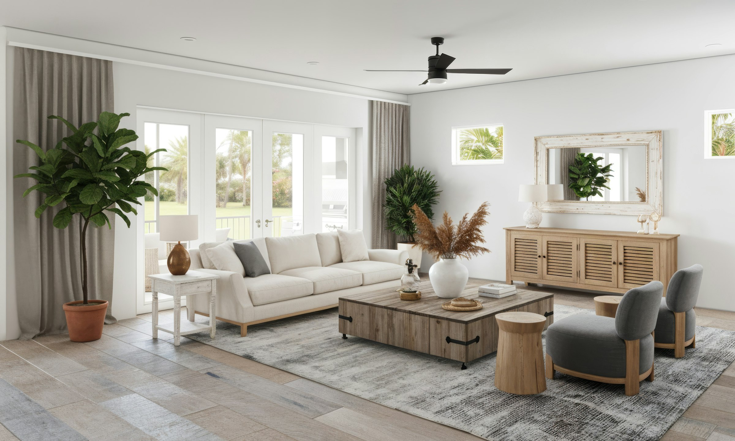 Modern coastal living room with natural light and greenery